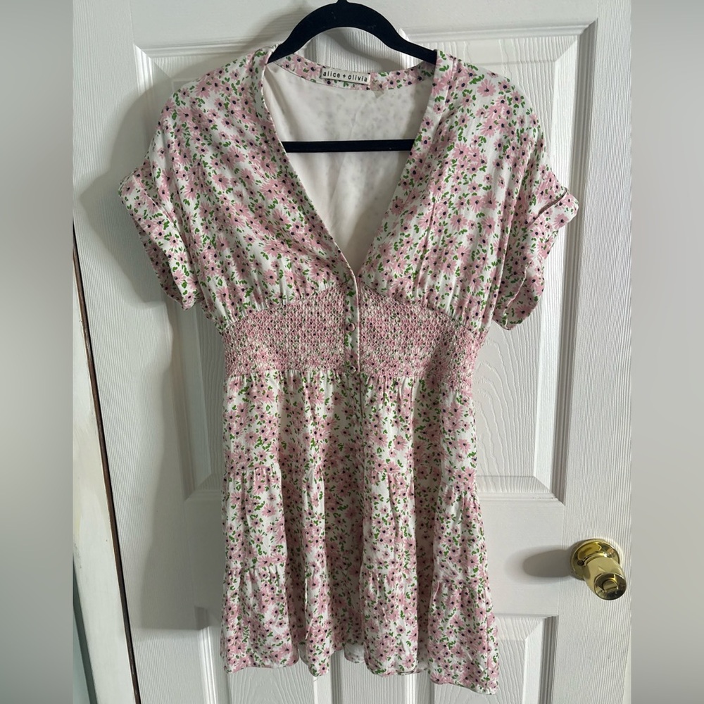 Women’s Alice and Olivia Keela Floral Print Smocked Button-Front Dress Size 6